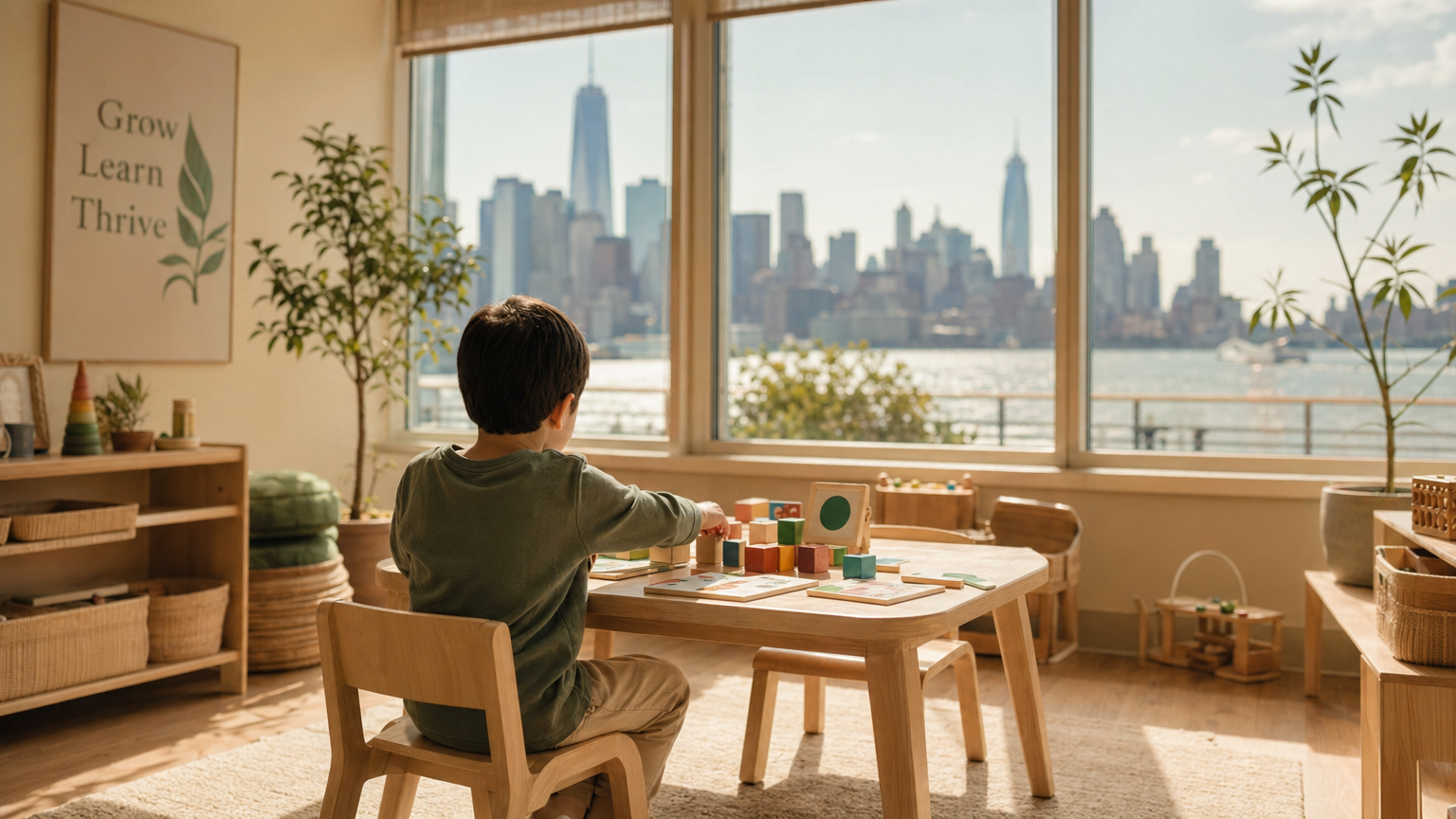 Child in therapy session with Manhattan skyline view